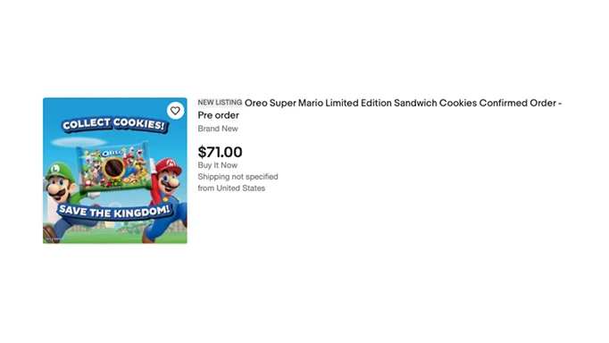 An eBay listing of Super Mario Oreos, with an asking price of $71.