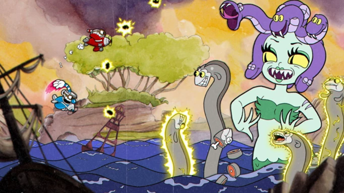 A boss in Cuphead, a co-op game like It Takes Two