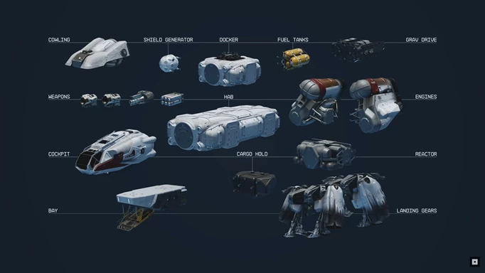 an image of all the customisable ship parts in Starfield