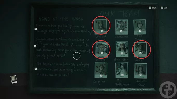 The staff board with the solution to the Coffee World Gift Shop code puzzle in Alan Wake 2
