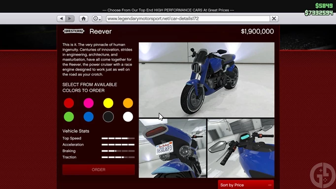 The store page in GTA Online for the fastest motorbike, the Western Reever