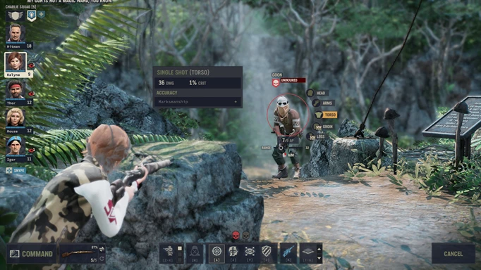 A gameplay screenshot from Jagged Alliance 3, showing one of the mercenaries aiming a rifle at an enemy soldier