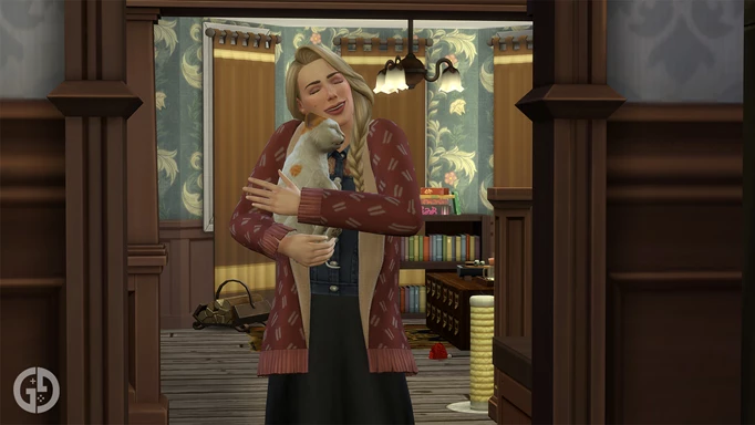 Image of a Sim hugging a cat in The Sims 4