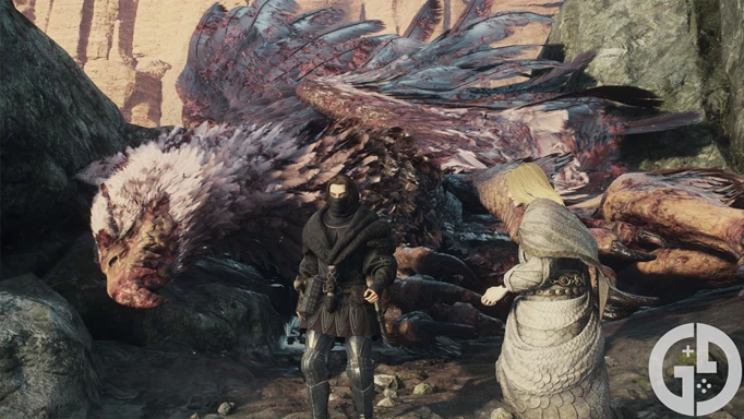 Image of my character stood in front of a dead Griffin in Dragon's Dogma 2