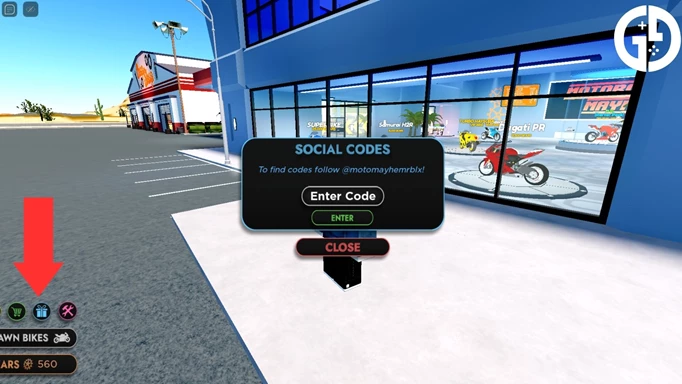 The code redemption screen in Motorcycle Mayhem for Roblox
