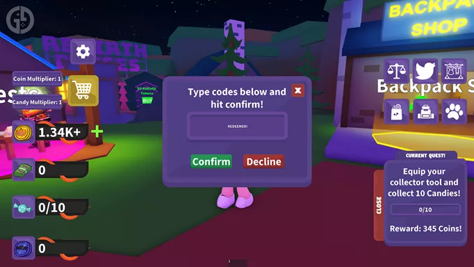 Redeeming a code in Candy Collecting Simulator