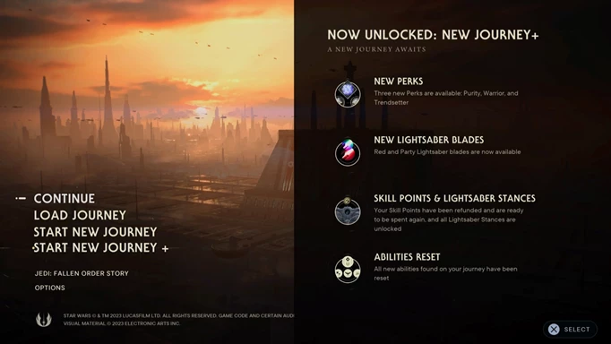 Star Wars Jedi: Survivor New Game Plus screen, showing the 'start New Journey+' option