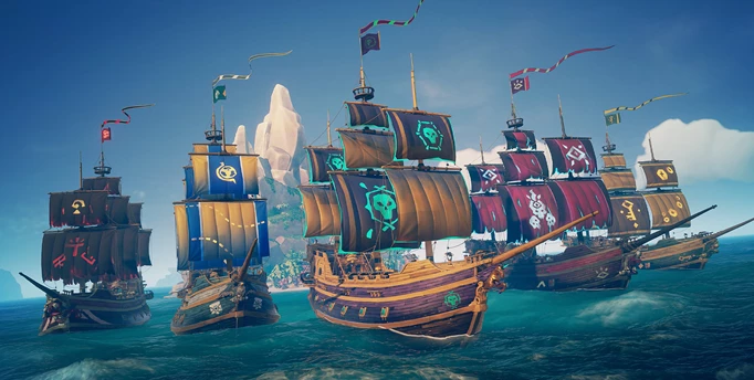 Sea of Thieves ships  sailing in a fleet