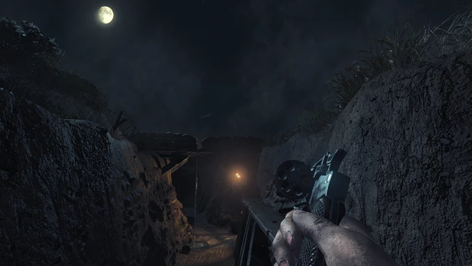 an image of Amnesia The Bunker gameplay, showing the character in a trench with an empty revolver
