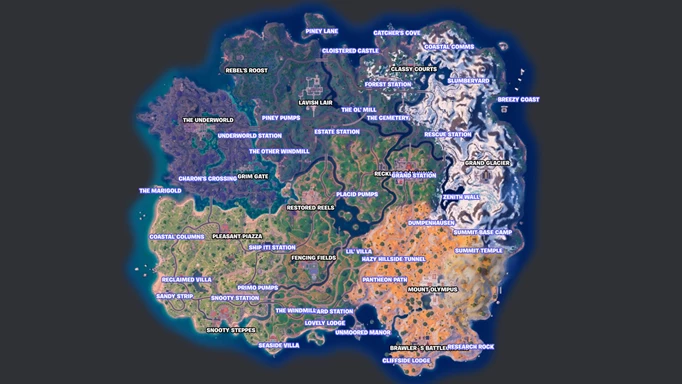 The map of Fortnite with each landmark shown