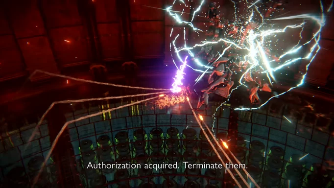 "Authorization acquired. Terminate them." Sparks flying across the room in Armored Core 6