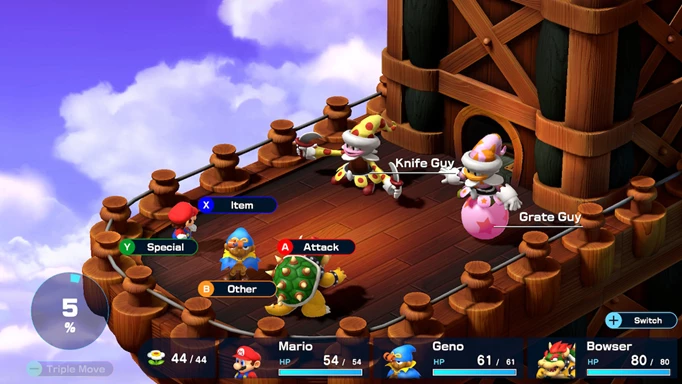 A boss battle in Super Mario RPG
