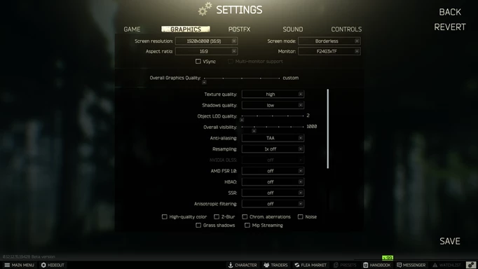 an image of the Escape From Tarkov graphics settings menu