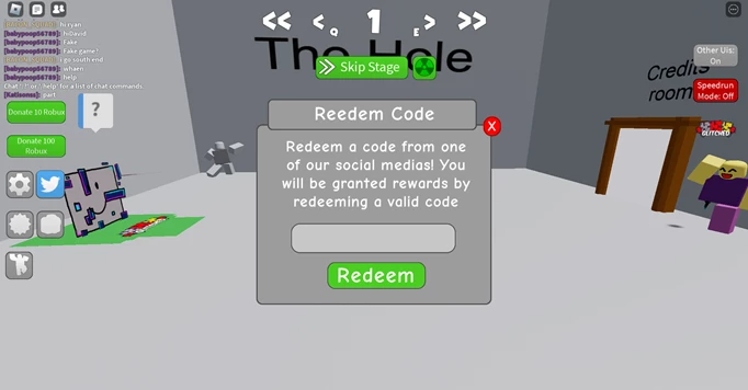 The code redemption screen in Try To Die Dco for Roblox