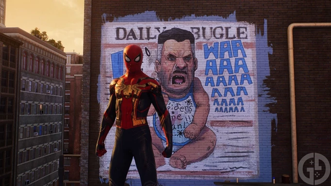 Peter Parker as Spider-Man stands in front of a less than flattering graffiti image of J. Jonah Jameson in Marvel's Spider-Man 2