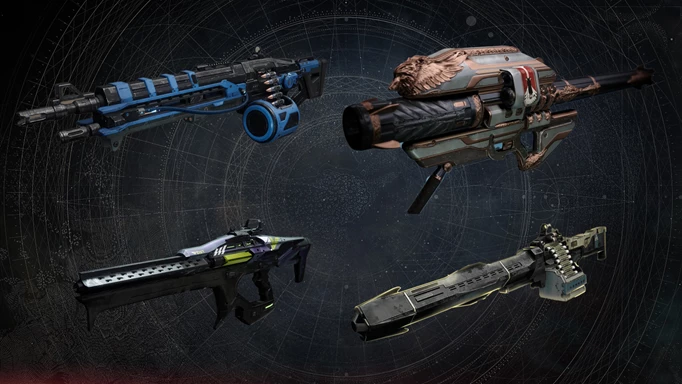 Four of the best PvE weapons in Destiny 2, the Thunderlord, Gjallarhorn, Taipan, and Xenophage