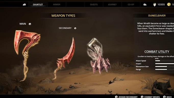Trailer screenshot of weapon options in Atlas Fallen