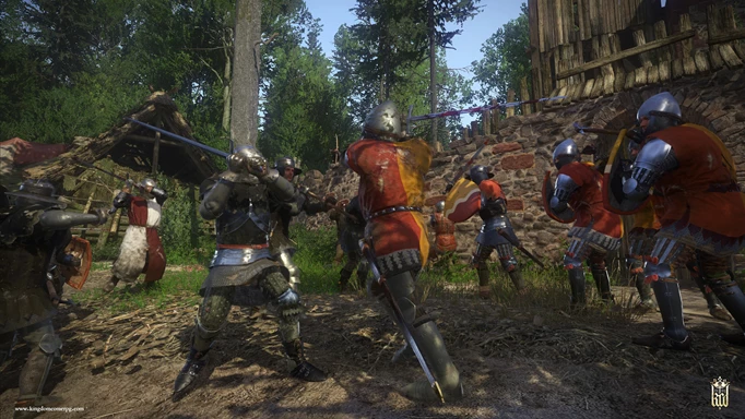 two medieval men in armour spar as several soldiers cheer around them