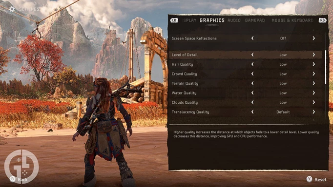 The graphics menu in Horizon Forbidden West
