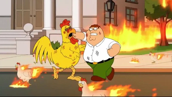 Peter Griffin in a scrap with his arch-nemesis, the chicken, in Family Guy.