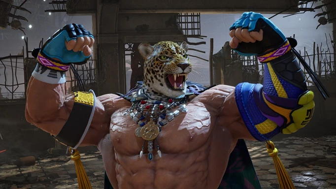 King II as he appears in Tekken 8. He is wearing a leopard mask and flexing his muscles