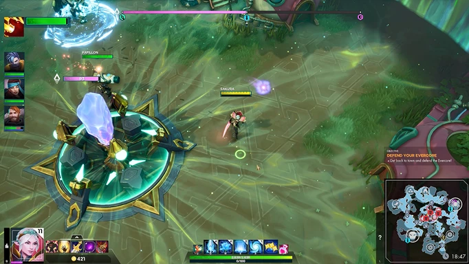 A gameplay screenshot from Evercore Heroes featuring heroes defending their Evercore