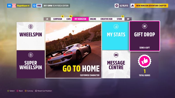 How to gift cars in Forza Horizon 5 lies in the My Horizon tab.