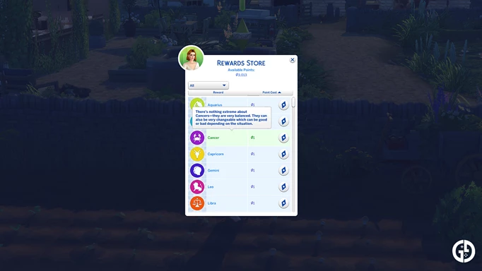 Image showing zodiac signs in the reward shop of The Sims 4