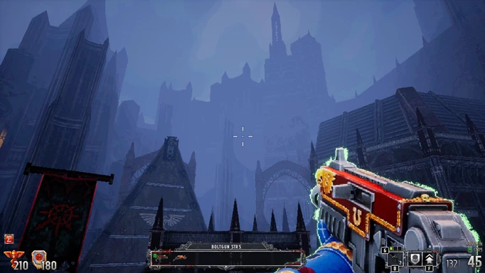 Looking up at the gothic architecture in Warhammer Boltgun