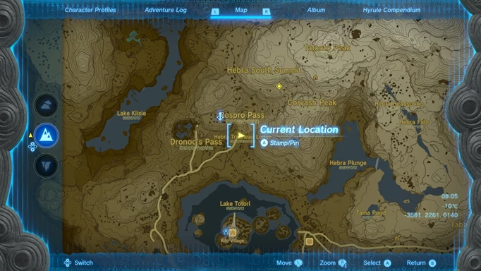 Screenshot of the Hebra Trailhead Lodge map location in Zelda: Tears of the Kingdom