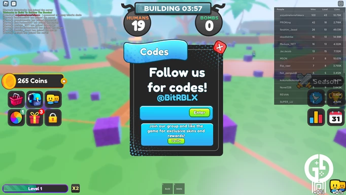 an image showing how to redeem codes in Build to survive the Bombs!