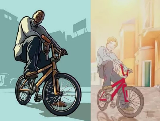 Two images side by side showing the similarities between GTA and a Netflix show. One person on a bike in a relaxed posed, with another doing the same pose on a red bike.