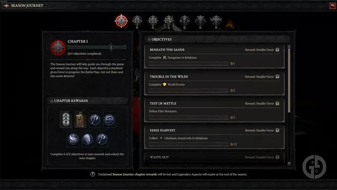 Diablo 4 Season 3 Journey challenges screen