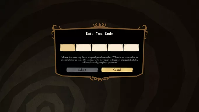 The screen for redeeming Don't Starve Together codes