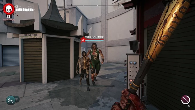 an image of Dead Island 2 gameplay showing the Starla Taylor-Moore zombie