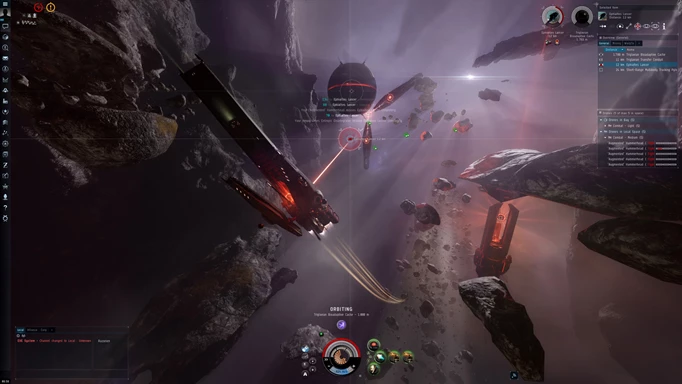 EVE Online ships flying through asteroids