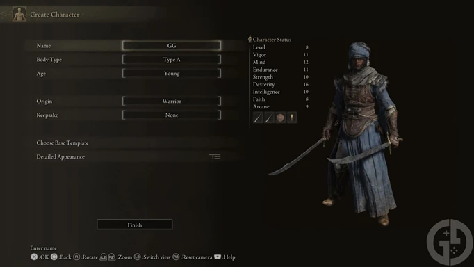 The Elden Ring Warrior class with stats