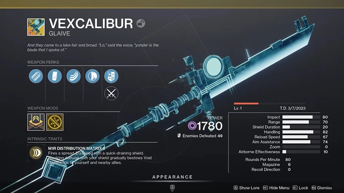 Destiny 2 Vexxcalibur: The details page for the new exotic weapon