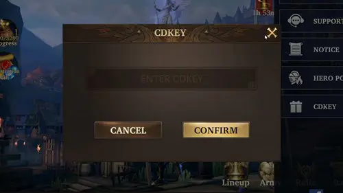 The code redemption menu in Among Gods RPG Adventure