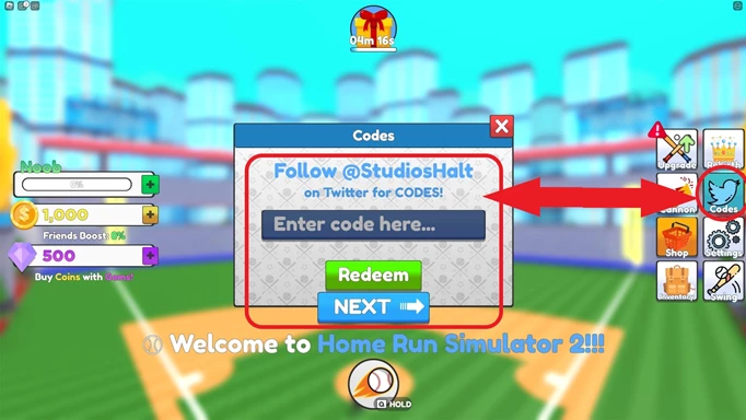 Screenshot showing you how to redeem Home Rune Simulator 2 codes
