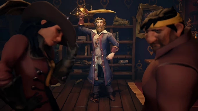Guybrush holding his sword aloft, after accidentally cutting his belt and dropping his trousers
