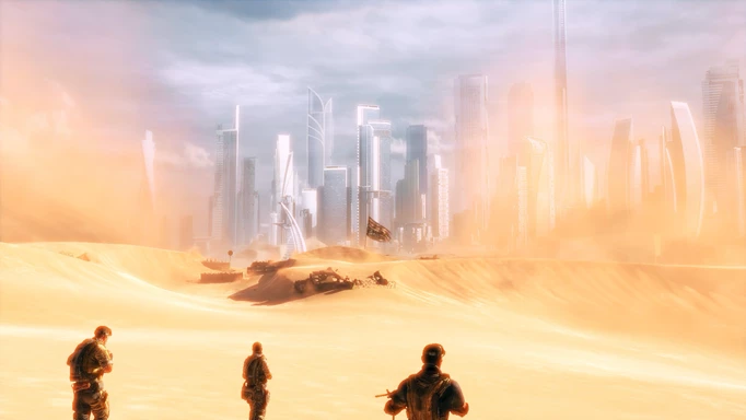 Soldiers trudge across sand dunes in Spec Ops: The Line.