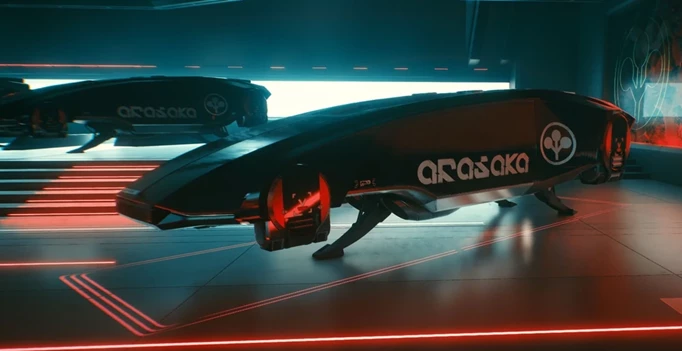 an Arasaka vehicle in Cyberpunk 2077
