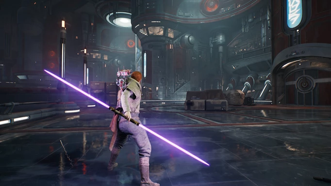 Coruscant with Cal holding purple lightsaber