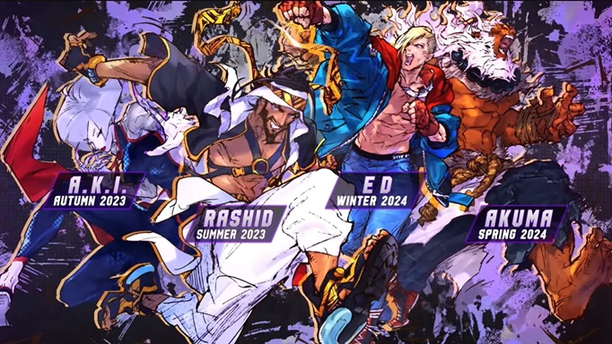 The four DLC characters confirmed for the first year of Street Fighter 6, AKI, Rashid, Ed, and Akuma