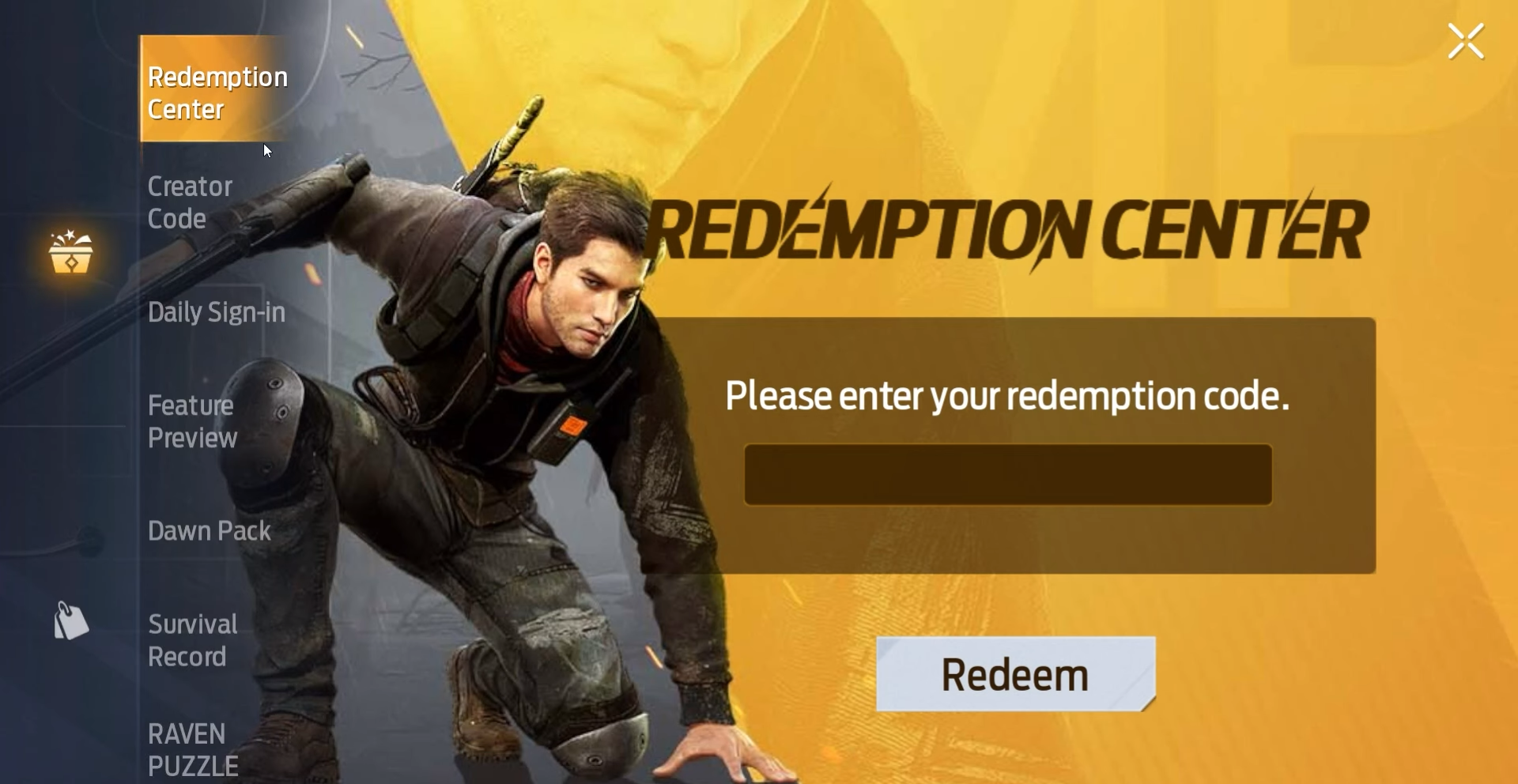 An in-game code redemption screen in Undawn, where you can enter your codes for free rewards