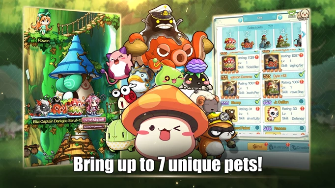 Key art for MapleStory R: Evolution with text "Bring up to 7 unique pets!""