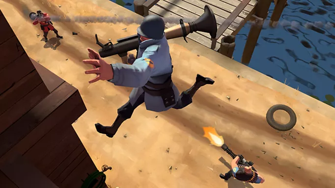 a promo image of Team Fortress 2, showing the Soldier jumping over two characters