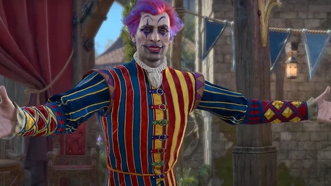 Dribbles the Clown from Baldur's Gate 3, looking desperate for approval.