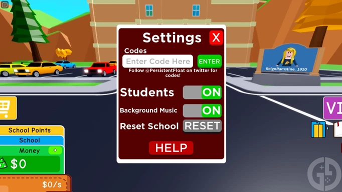 The codes redemption screen in Roblox My School Tycoon
